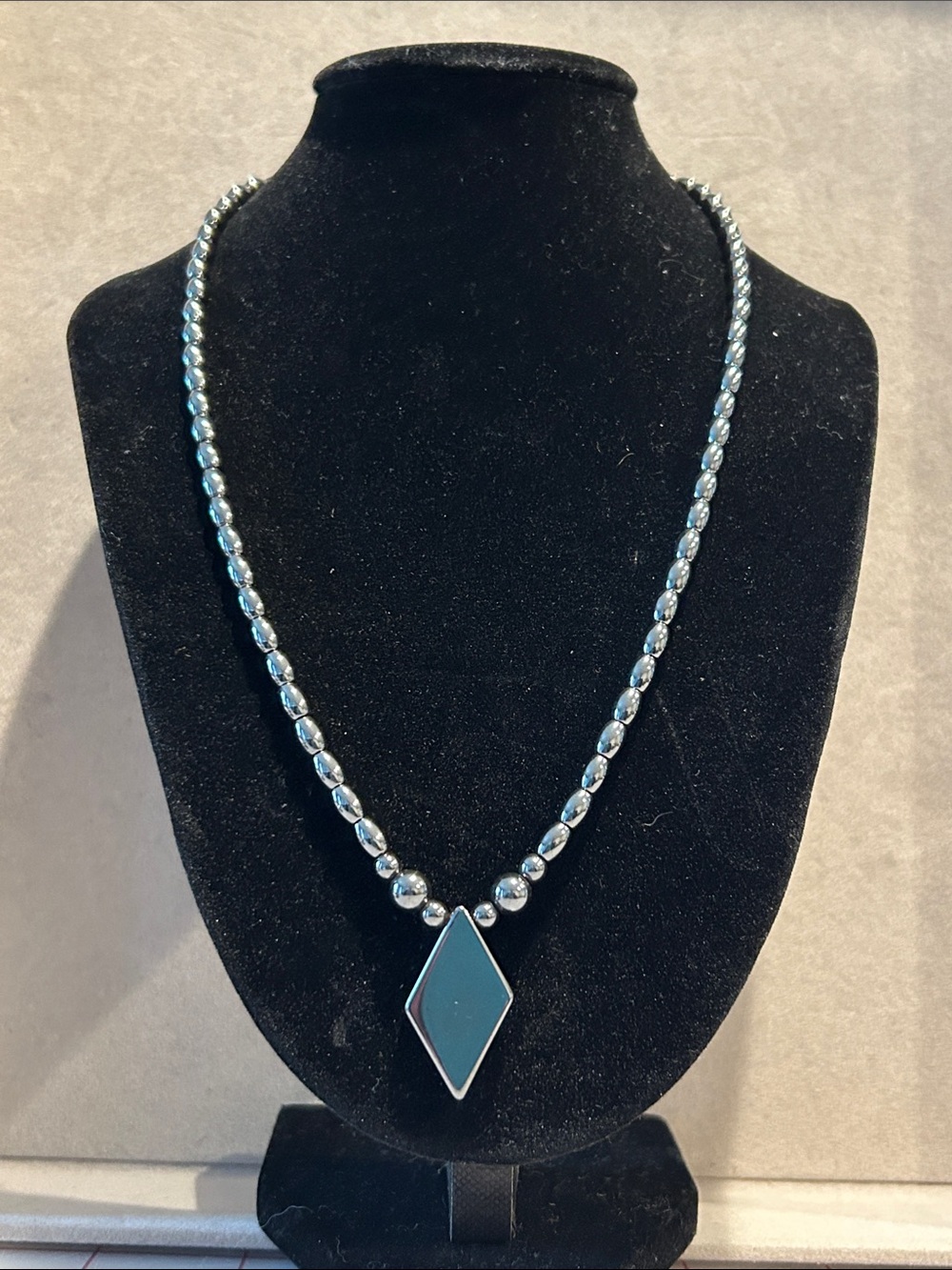 Gunmetal Beaded Necklace with Teal Diamond Pendant - Women Jewelry